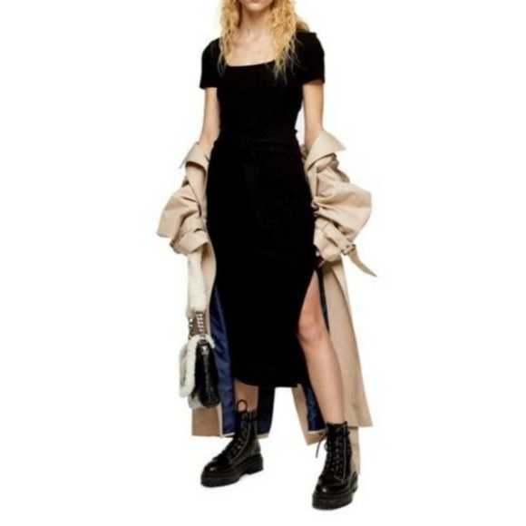 TOPSHOP Black Rib Knit Tie Waist Slit Bodycon Stretch Midi Dress SZ 8 US NWT - Picture 9 of 10